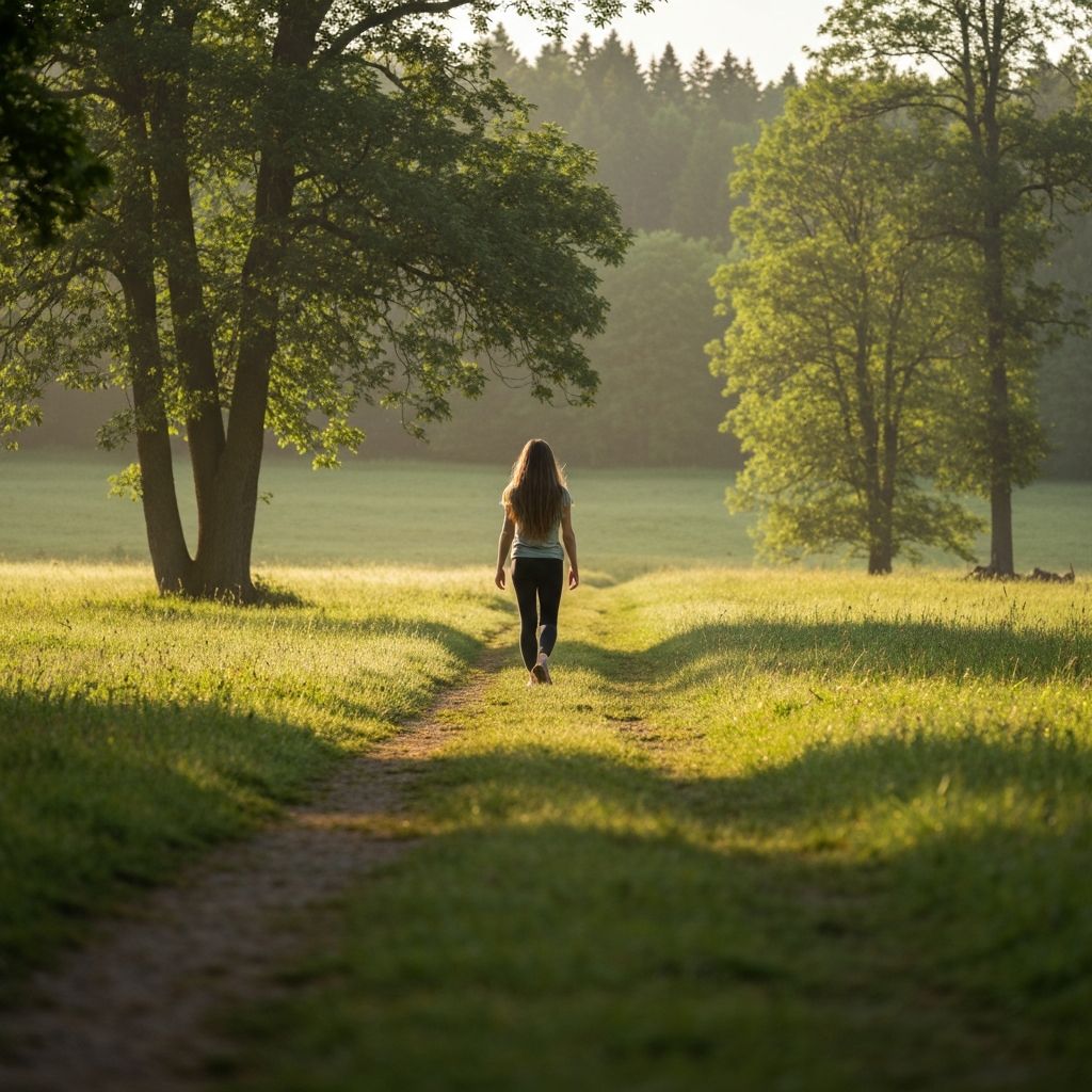 Person enjoying peaceful morning walk in natural landscape