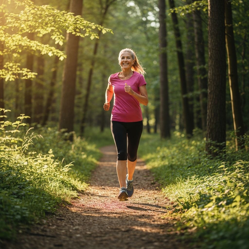 Person jogging on peaceful forest trail with morning light